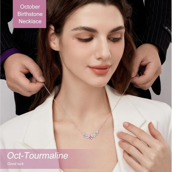 Women's Moissanite Birthstone Pendant Sterling Silver Gold Plating Pink Necklace - Picture 5 of 6